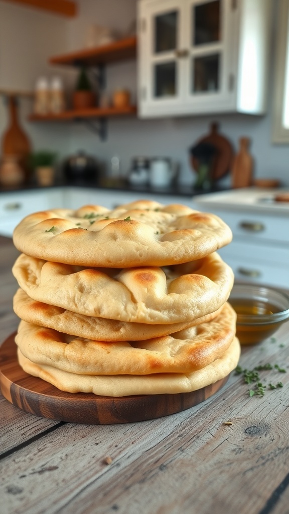Freshly baked olive oil pita bread stacked on a wooden table with a bowl of olive oil.